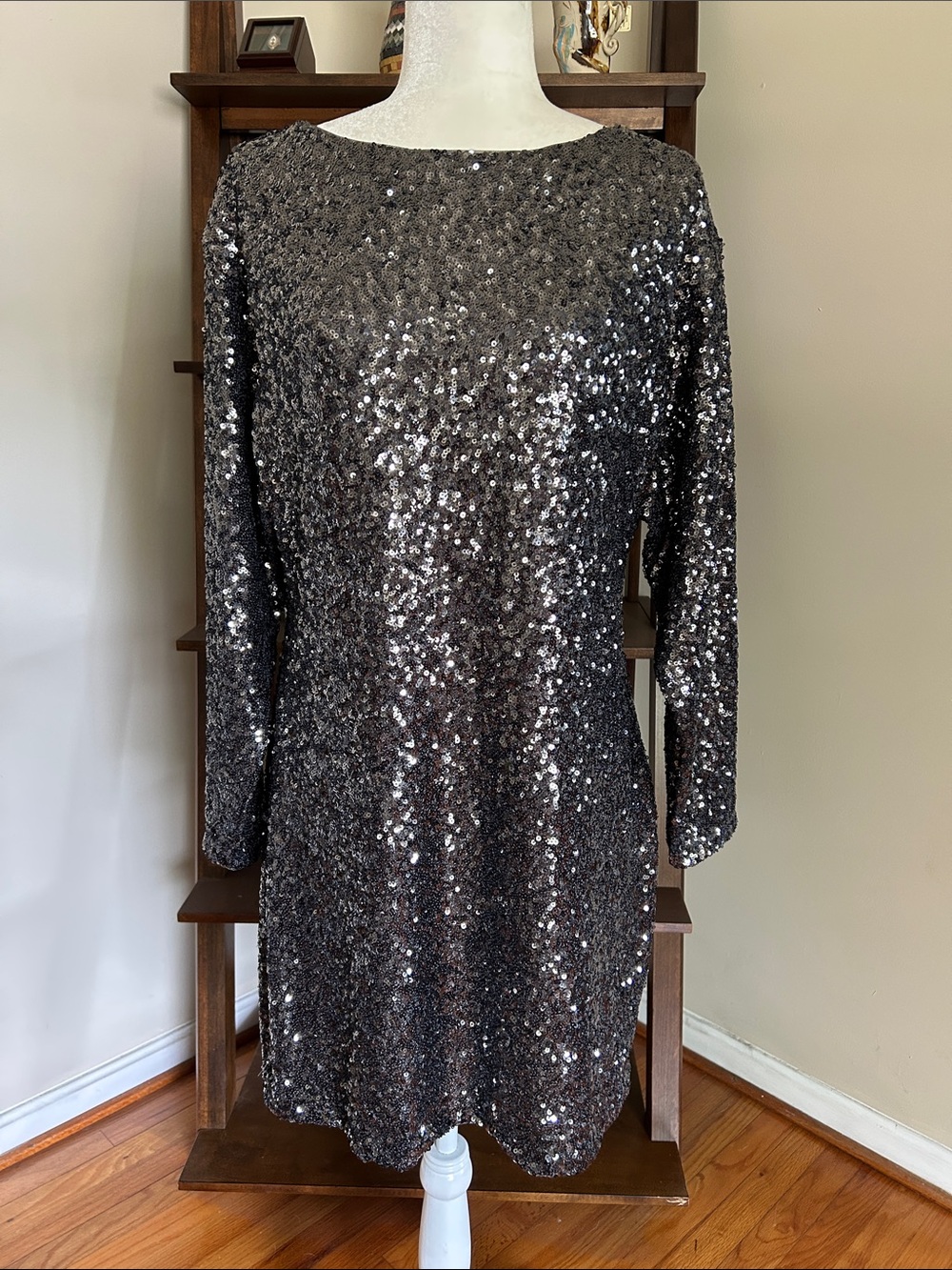 LOFT Silver Sequin Long-Sleeve Shift Dress